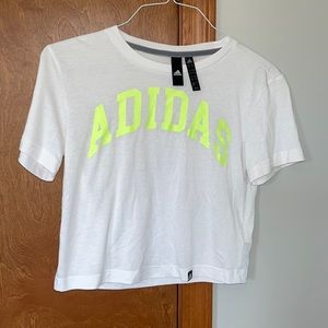White Adidas t-shirt with neon lettering